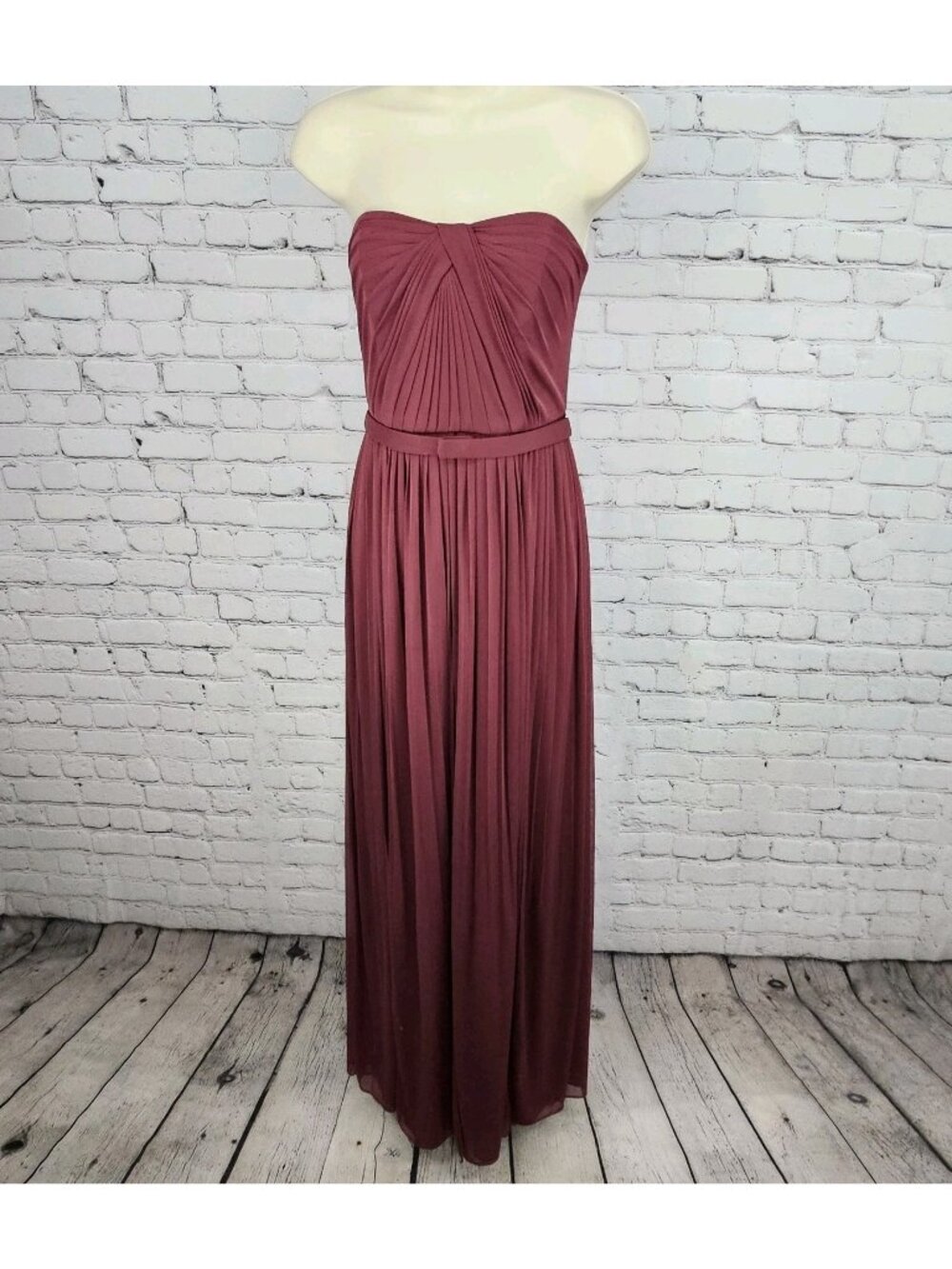 David's Bridal Red Strapless Pleated Belted Chiffon Overlay Maxi Dress 6